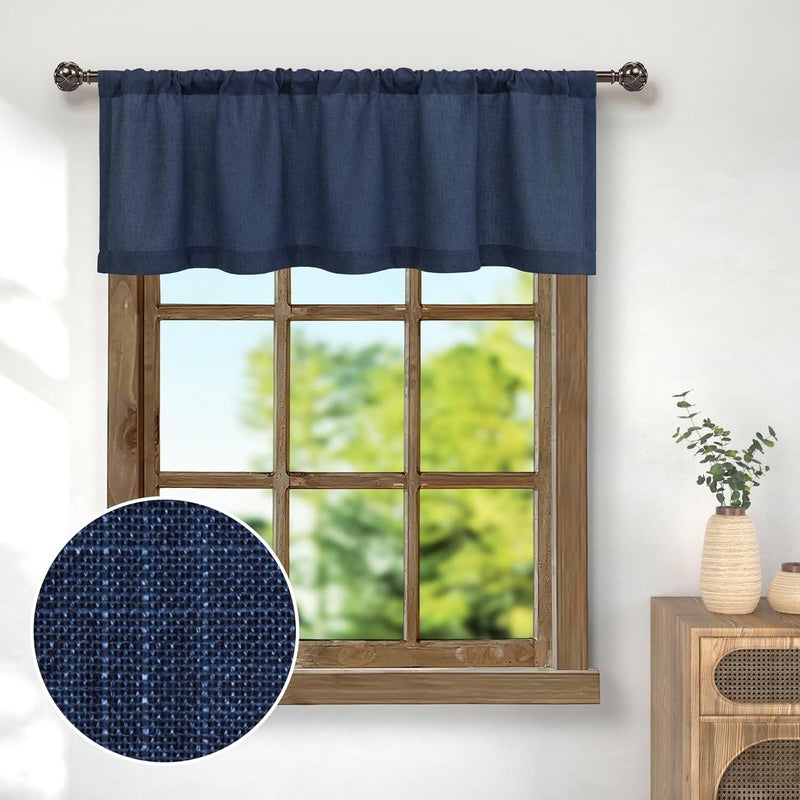 Pitalk Sheer Linen Valance for Windows - 18 Inch Rod Pocket - Country Farmhouse Nautical Semi Privacy Curtain for Boys Bedroom, Kids, Small Window, Bathroom - Navy Blue - Image 1